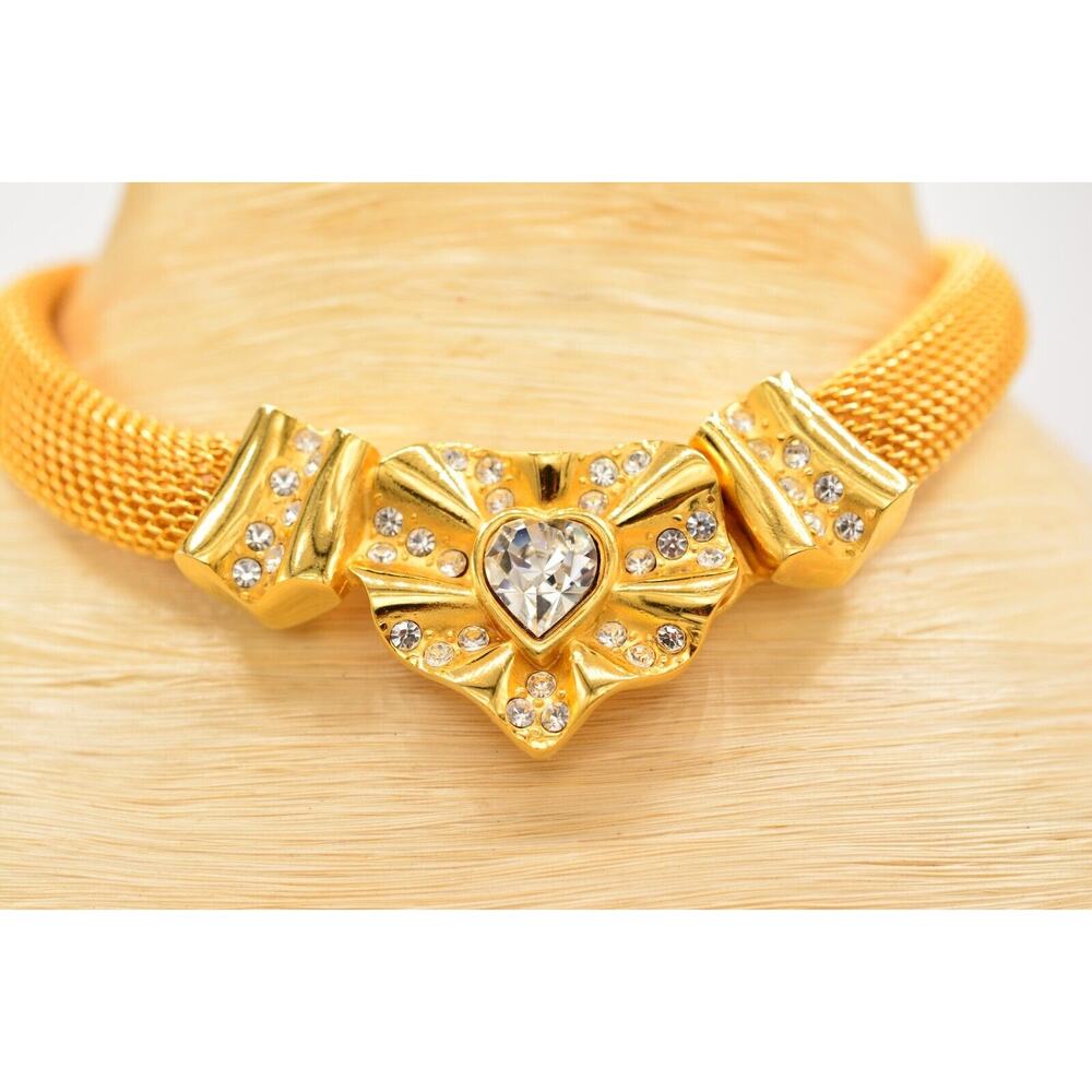 Givenchy Vintage Crystal Heart Choker Necklace Brushed Gold NOS Signed 80s Bin7A - Picture 7 of 12
